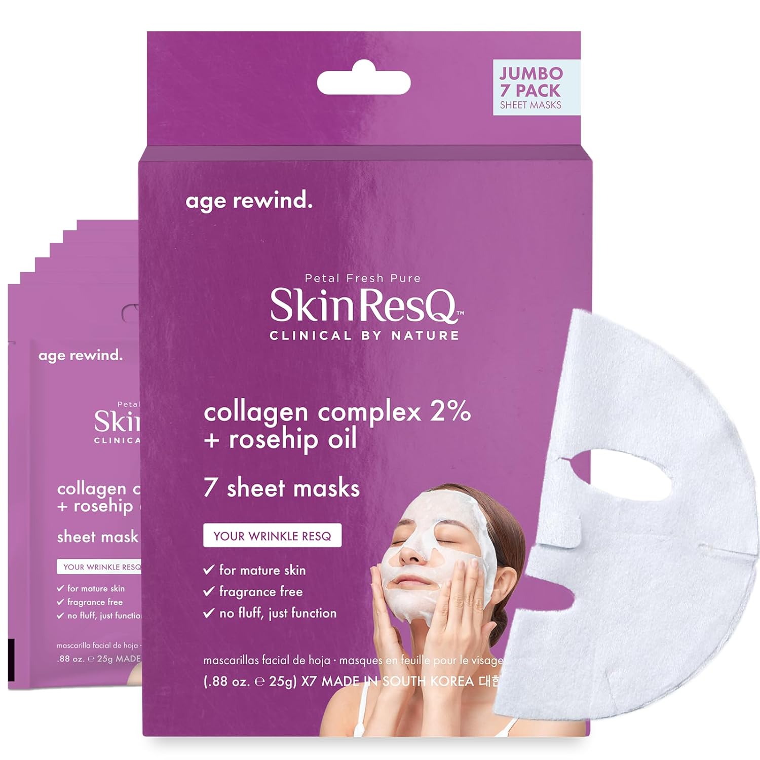 Petal Fresh Pure Skin ResQ Age Rewind Sheet Mask with Collagen Complex 2% + Rosehip Oil, JUMBO 7 Pack, Vegan