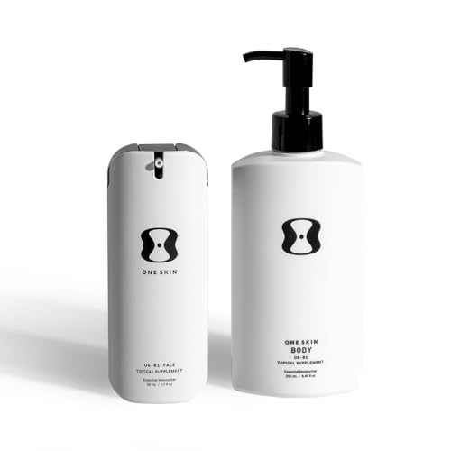 A bottle of OneSkin FACE & BODY OS-01 Peptide Topical Supplement standing on a bathroom counter